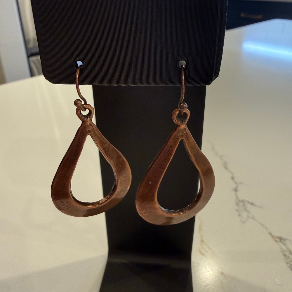 Boho Copper Tone Open Teardrop Dangle Earrings Antiqued Modernist